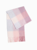 Checkered scarf with pink and purple hues on a white background