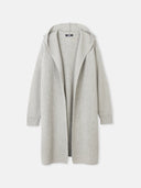 A gray cashmere hooded cardigan with a shawl collar and open front. #color_dawn-blue