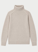 A light beige knit turtleneck sweater with raglan sleeves, shown flat against a light gray background.