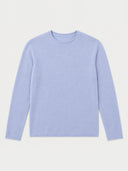 A light periwinkle blue long-sleeve crewneck sweater laid flat against a light off-white background.