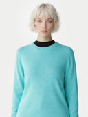 Person wearing a light blue sweater with a plain background #color_holiday