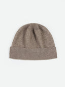 Brown knit beanie on a white background