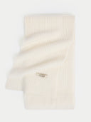 Beige ribbed knit scarf with a brand logo on a white background