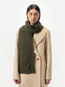 Person wearing a beige coat and green scarf on a white background