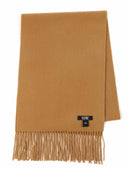 Brown scarf with fringes and a brand label on a white background. #color_golden-brown