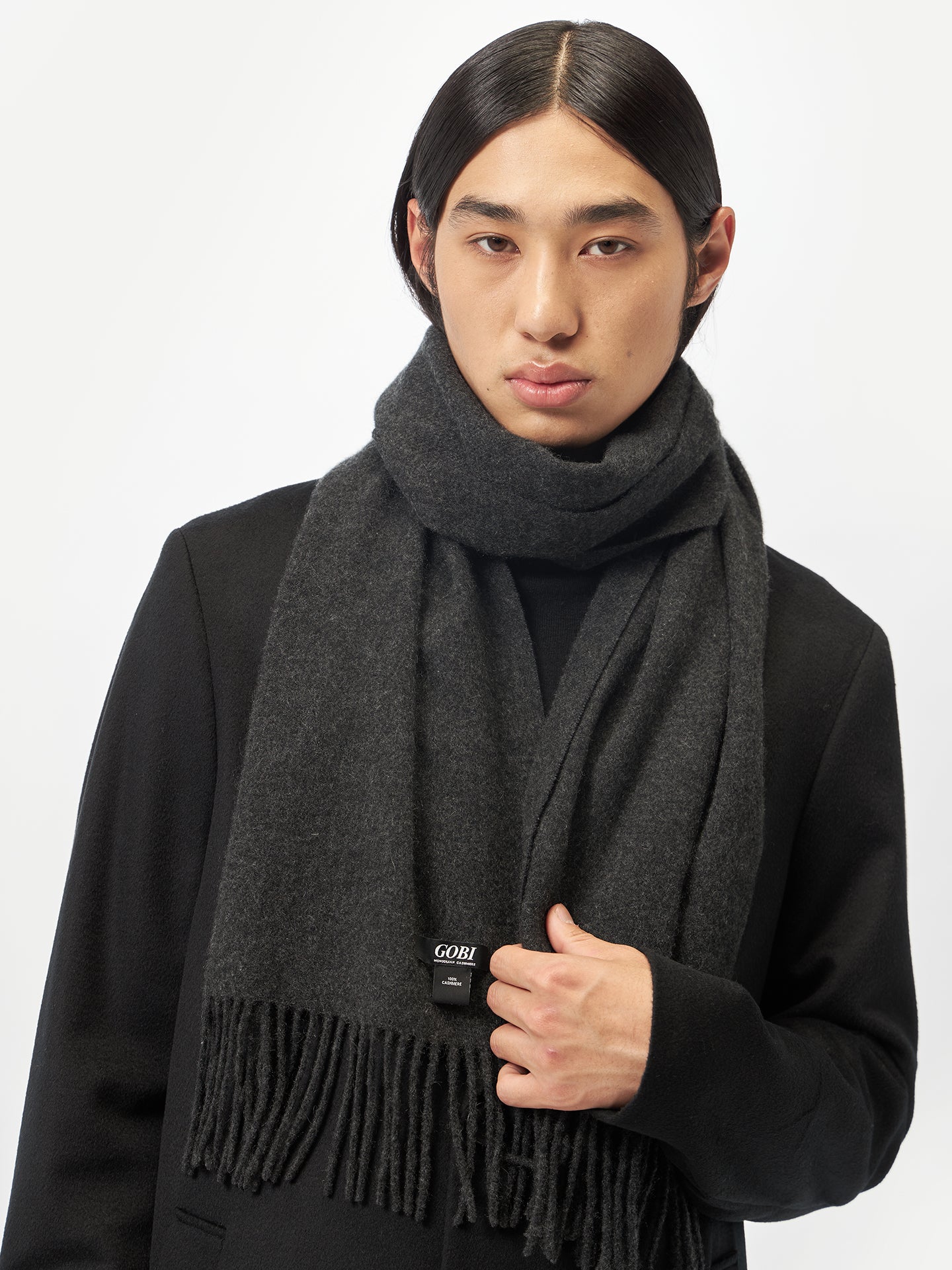 Unisex Cashmere Fringed Scarf Charcoal - Gobi Cashmere