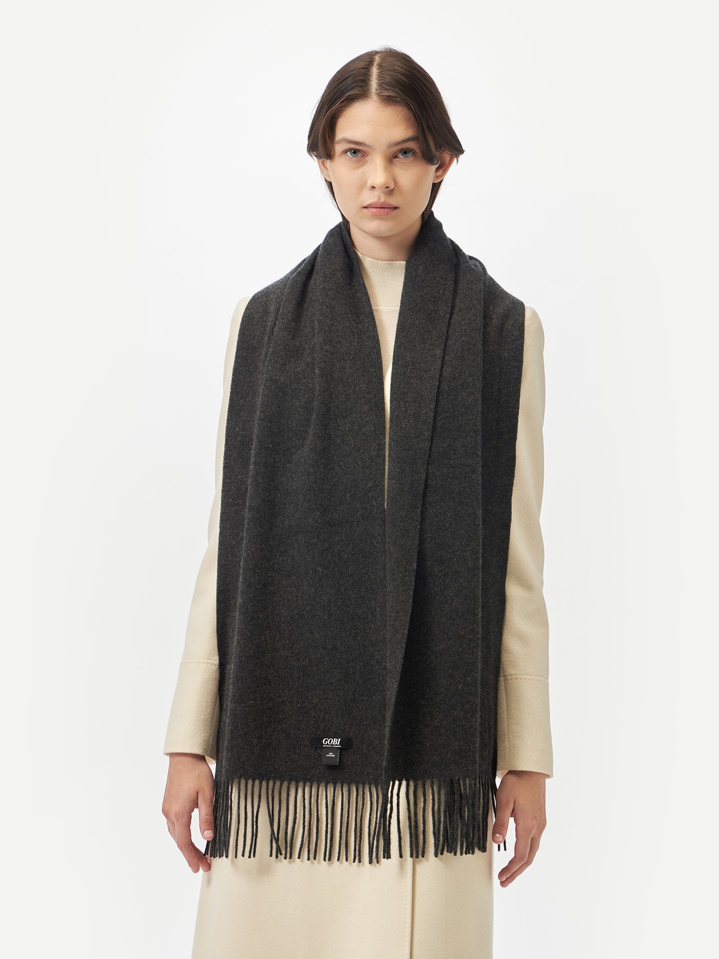 Unisex Cashmere Fringed Scarf Charcoal - Gobi Cashmere