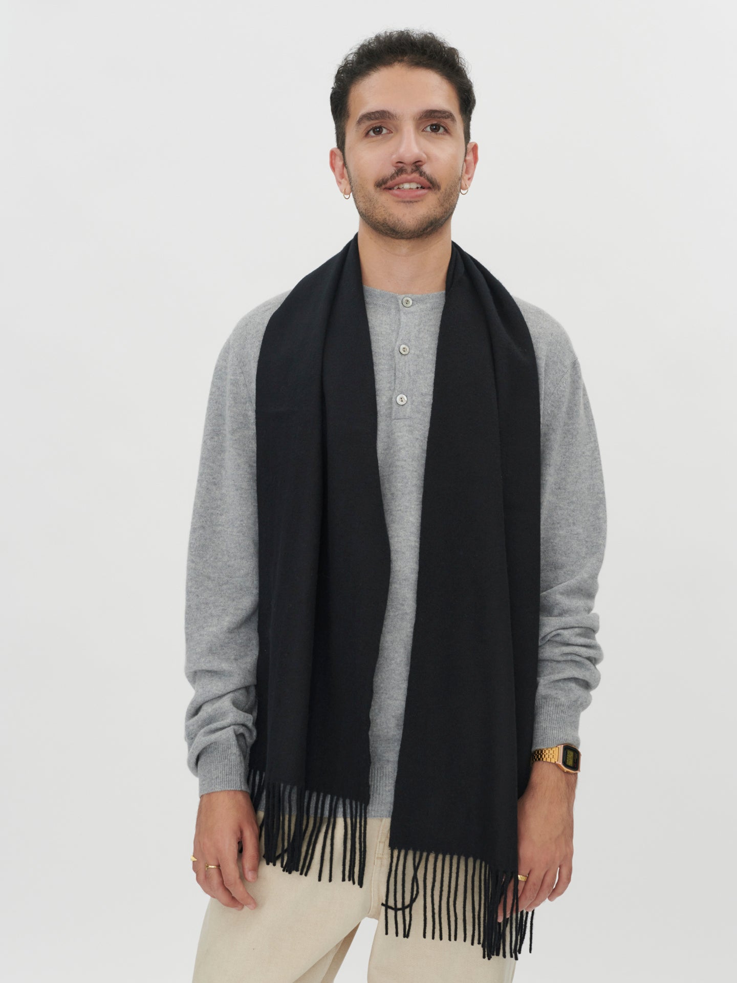 Unisex Cashmere Fringed Scarf Black - Gobi Cashmere