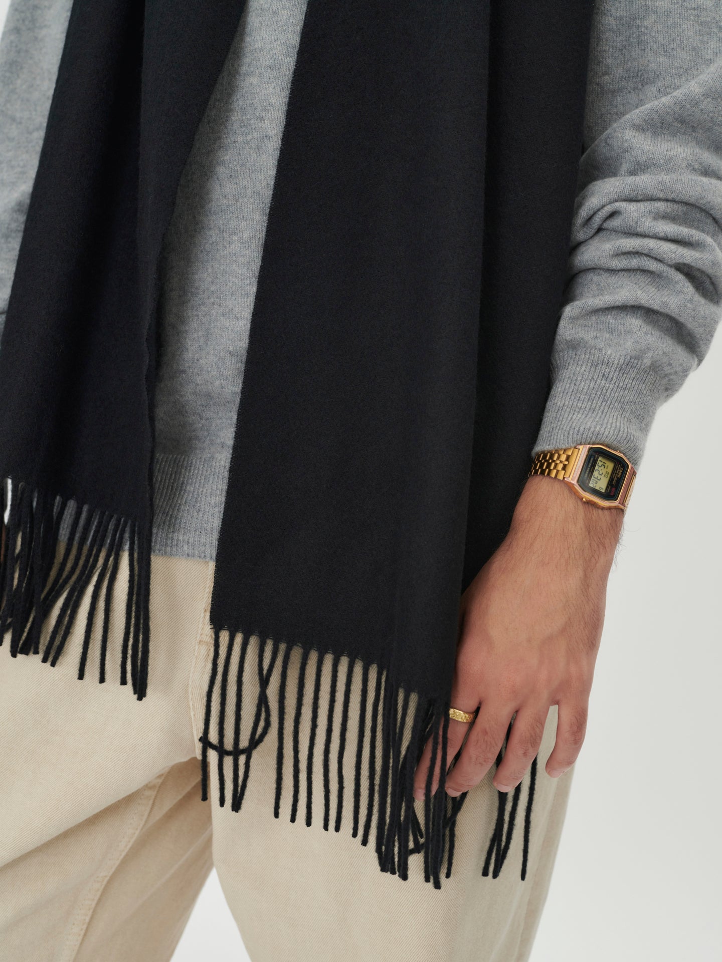 Unisex Cashmere Fringed Scarf Black - Gobi Cashmere