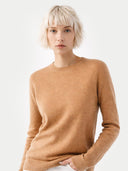 Woman wearing a brown sweater against a white background. #color_light-brown