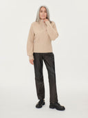 Women's Cashmere Zip Detailed Rib Polo Beige - Gobi Cashmere #color_beige