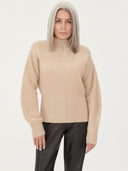 Women's Cashmere Zip Detailed Rib Polo Beige - Gobi Cashmere #color_beige