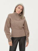 Women's Cashmere Zip Detailed Rib Polo Taupe - Gobi Cashmere #color_taupe