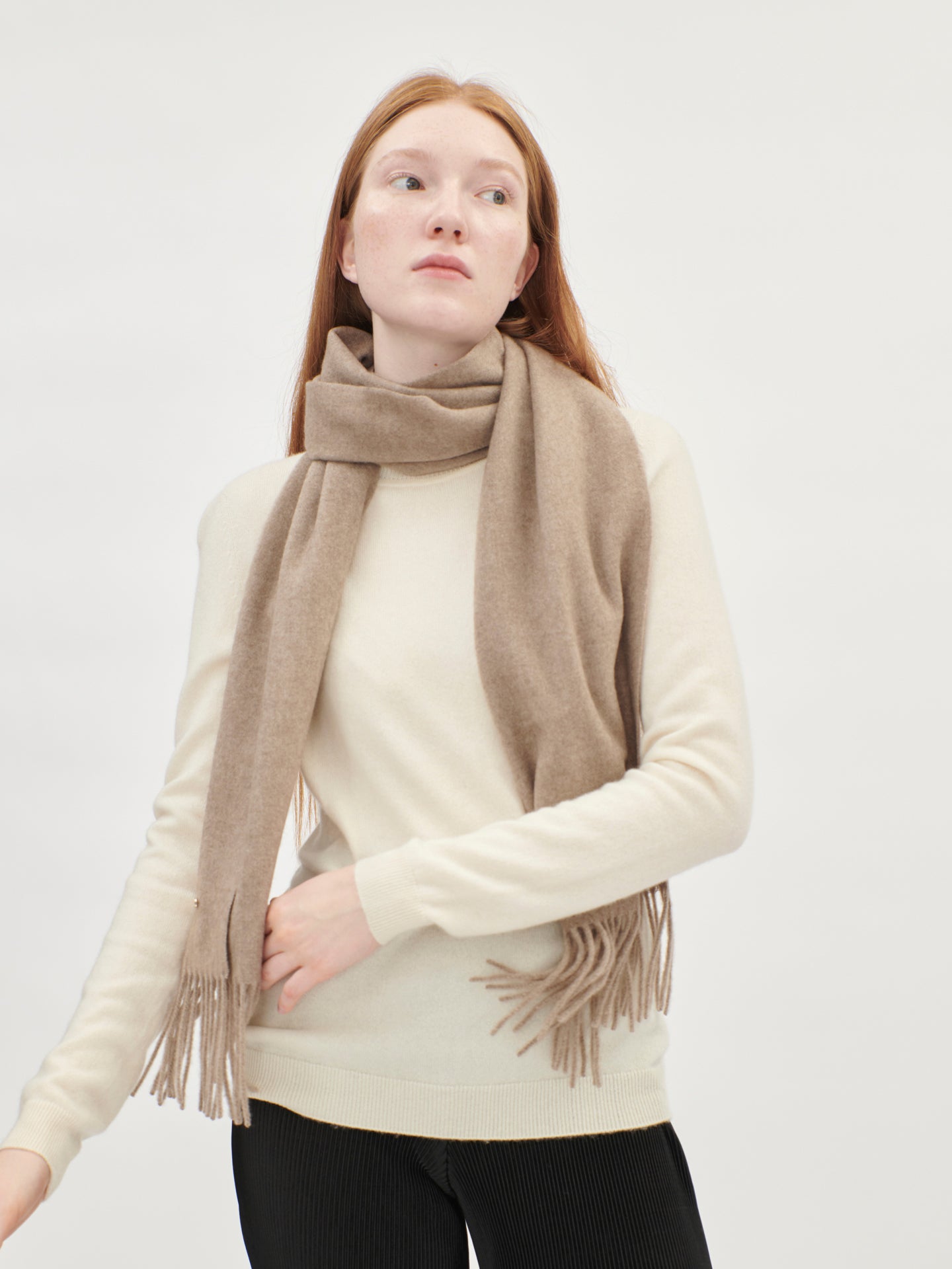 Unisex Cashmere Fringed Scarf Taupe - Gobi Cashmere