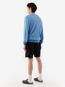 back view of a man wearing a blue sweater and black shorts on a white background. #color_lichen-blue