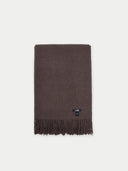 Brown scarf with a brand logo on a light gray background
