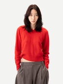 Person wearing a red sweater and gray pants on a white background