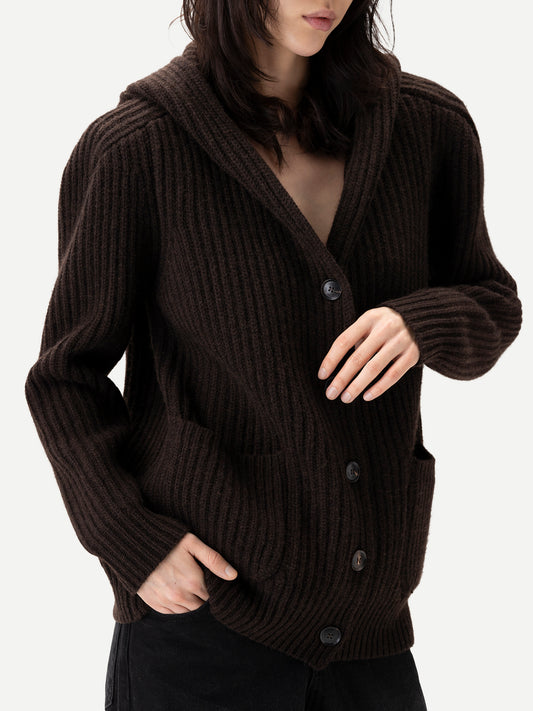 Wide-Shoulder Hooded Cashmere Cardigan