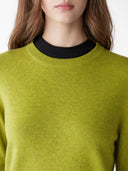 Green jumper with black collar worn by a person on a white background #color_black