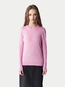 A woman wearing a pink crew neck cashmere sweater with long sleeves, over a white top, paired with a dark skirt. #color_frost-pink