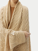Unisex Cashmere Cable Knit Blanket Beige- Gobi Cashmere