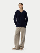 Women’s Basic V-Neck Cashmere Jumper Navy | GOBI UK #color_navy-blue
