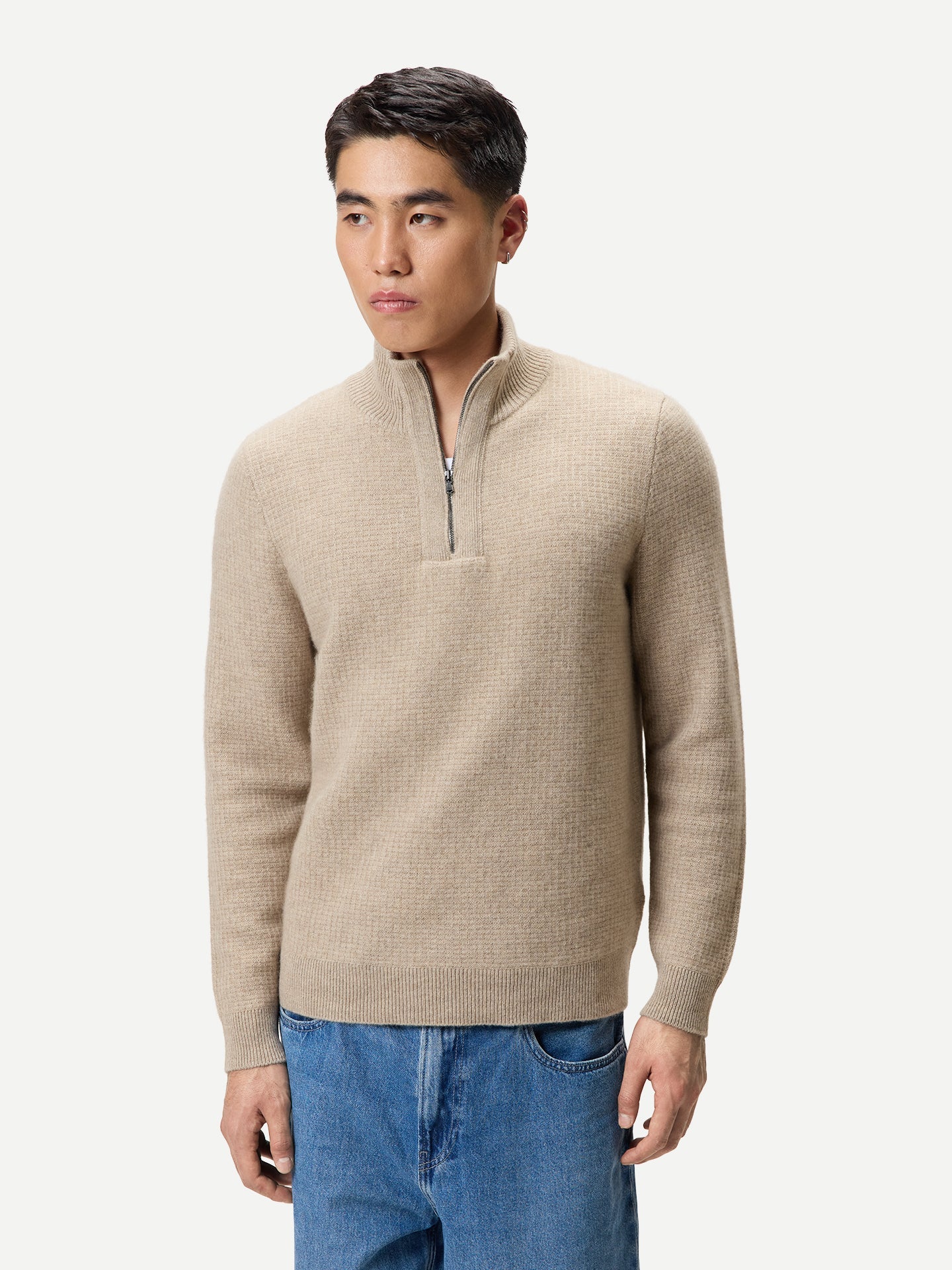 Men's Organic Colour Cashmere Waffle Knit Half-Zip Jumper