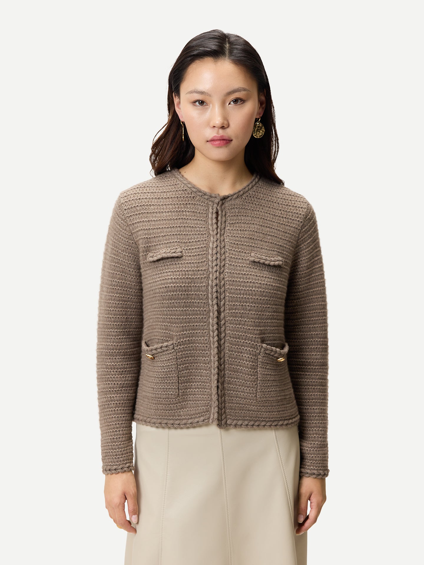 Organic Colour Textured Knit Cashmere Jacket-Style Cardigan