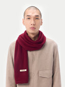 Person wearing a red scarf with a visible brand "GOBI" logo on a white background