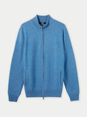 Blue zip-up sweater on a light gray background. #color_blue