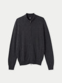 A dark charcoal gray zip-up knit cardigan sweater with a stand collar, displayed flat against a light gray background. #color_charcoal