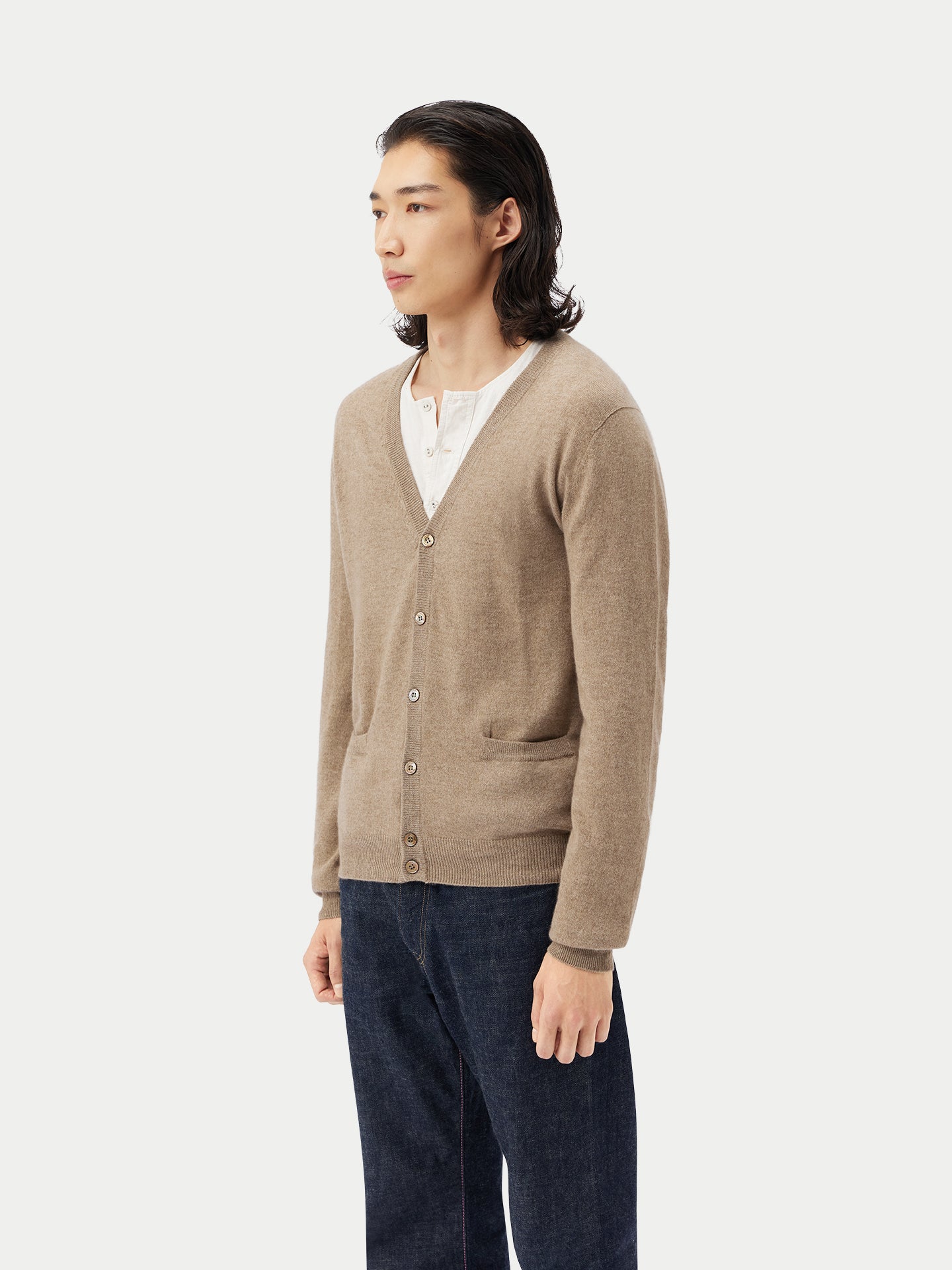 Men's Cashmere V-neck Cardigan Taupe - Gobi Cashmere