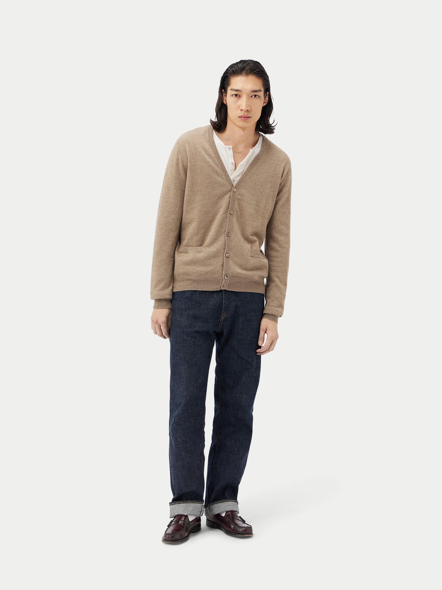 Men's Cashmere V-neck Cardigan Taupe - Gobi Cashmere