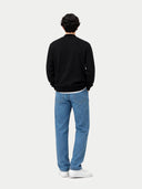 back view of a man wearing a black sweater and blue jeans on a white background. #color_black #ai-image