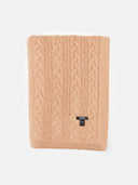 A beige cable knit cashmere blanket with a textured pattern, displayed neatly folded. #color_light-brown