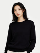 Person wearing a black sweater on a white background