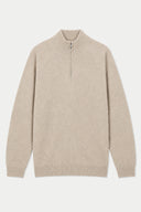 A dark brown half-zip knit sweater with a mock neck collar, displayed flat against a light gray background.