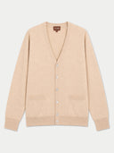 Flat lay of the beige cashmere V-neck cardigan with a button front and two patch pockets.