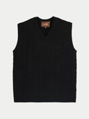 A black ribbed knit sweater vest with a V-neck, displayed flat against a light gray background. A brown brand label reading 'GOBI' is visible at the inner collar.