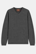 A light gray heather V-neck sweater with long sleeves, shown flat against a light gray background. The brand label 'GOBI' is visible inside the collar.