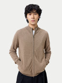 Man wearing a brown zip-up sweater against a white background #color_taupe