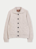 A light beige cable-knit cardigan sweater with a collar, front buttons, and front pockets, shown flat against a light gray background. The brand label reads GOBI.