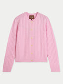 A light pink cable-knit cardigan sweater with a round neckline, button-front closure, and long sleeves, shown flat against a light gray background. A brown neck label reads GOBI.