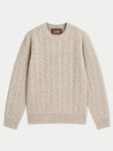 A beige cable-knit crewneck sweater with a brown GOBI brand label at the collar, displayed flat against a light gray background.