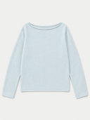 A light blue long-sleeve knit top with a wide boat neckline, laid flat against a light gray background.