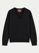 A black long-sleeve V-neck sweater with a brown brand label at the collar, displayed flat against a light gray background.