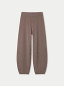 A pair of wide-leg knit pants in a heathered taupe-brown color, displayed flat against a light gray background.