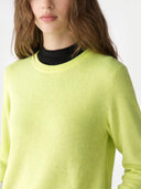 Person wearing a bright green jumper over a black shirt on a white background #color_black