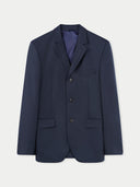 A navy blue men's single-breasted cashmere blazer with a collar and button-up front.