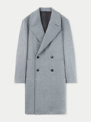 A double-breasted gray cashmere coat for men with peak lapels, buttoned cuffs, and front button closure. #color_dim-gray